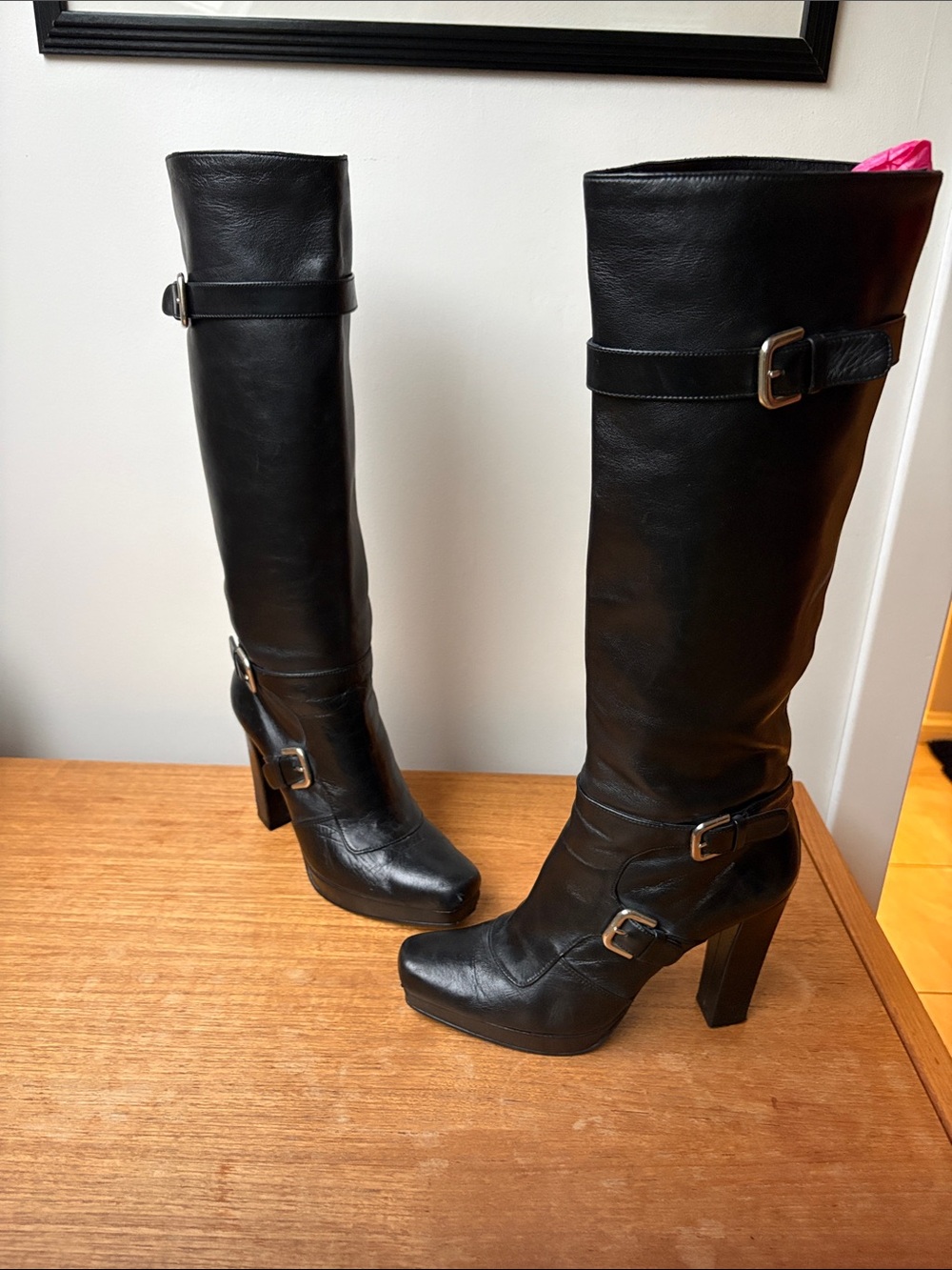 Stuart Weitzman Black Leather Knee-High Buckle Block Heel Boots